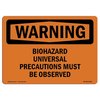 Signmission OSHA Warning Sign, 10" Height, 14" Width, Rigid Plastic, Biohazard Universal Precautions, Landscape OS-WS-P-1014-L-12503